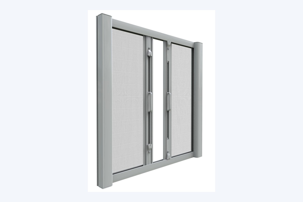 Plasă antiinsecte rulou orizontală pentru ușă cu două canate, cu casete laterale și profil magnetic la mijloc